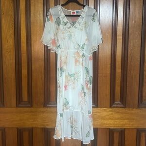Farm Rio for Anthropologie Eloisa sheer floral midi dress with crochet details.